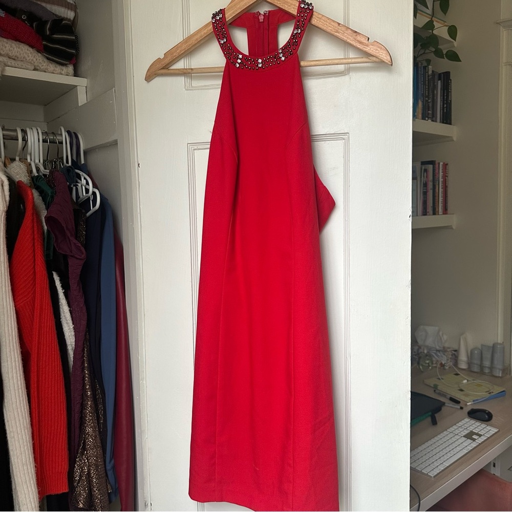 Guess Red Backless Dress with Embellished Neckline